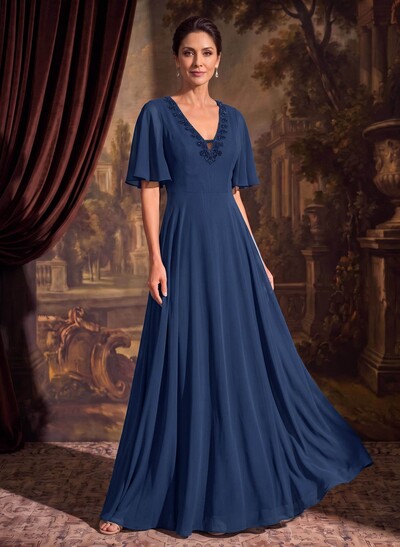 A-Line V-Neck Short Sleeves Floor-Length Chiffon Mother Of The Bride Dresses With Beading