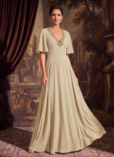 A-Line V-Neck Short Sleeves Floor-Length Chiffon Mother Of The Bride Dresses With Beading