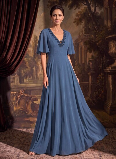 A-Line V-Neck Short Sleeve Maxi Chiffon Mother Of The Bride Dress With Beading