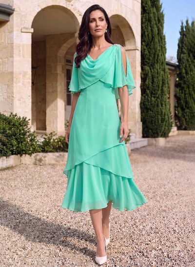 A-Line Scoop Neck Cape Sleeves Tea-Length Chiffon Mother Of The Bride Dresses With Pleated
