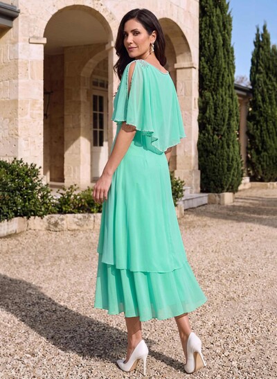A-Line Scoop Neck Cape Sleeves Tea-Length Chiffon Mother Of The Bride Dresses With Pleated