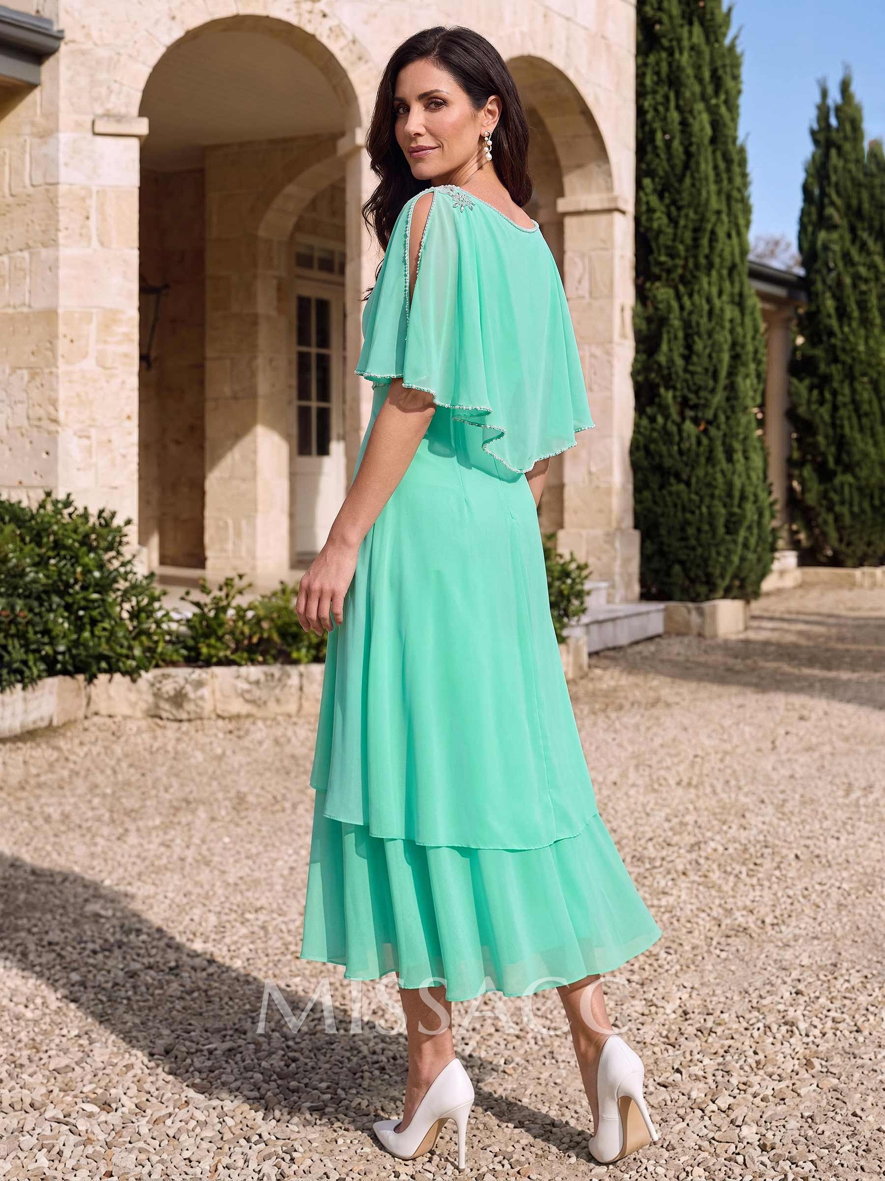 A-Line Scoop Neck Cape Sleeves Tea-Length Chiffon Mother Of The Bride Dresses With Pleated