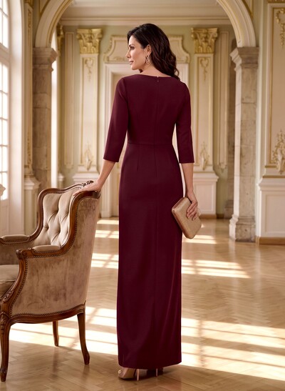 Sheath/Column V-Neck 3/4 Sleeves Floor-Length Elastic Satin Evening Dresses With Split Front