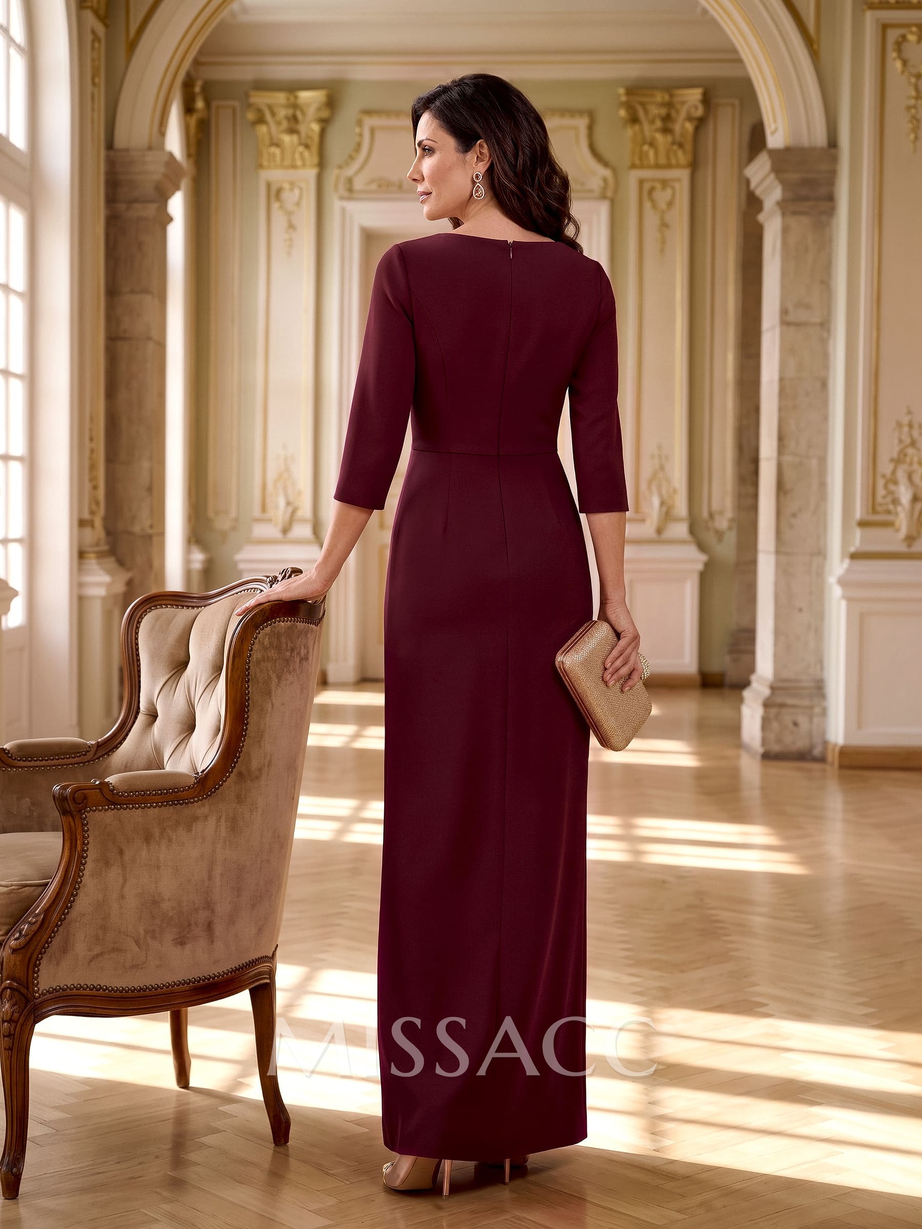 Sheath/Column V-Neck 3/4 Sleeves Floor-Length Elastic Satin Mother Of The Bride Dresses With Split Front