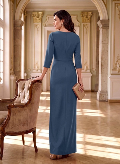Floor-Length Sheath V-Neck 3/4 Sleeve Stretch Satin Mother Of The Bride Dress With Front Slit