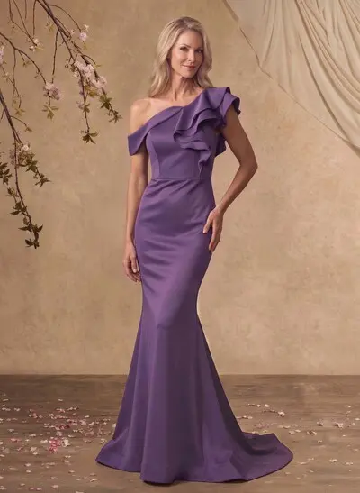 Fishtail/Mermaid Asymmetric Sleeveless Crepe Satin Mother Of The Bride Dress With Sweep Train And Frills