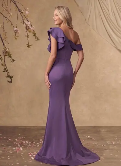 Fishtail/Mermaid Asymmetric Sleeveless Crepe Satin Mother Of The Bride Dress With Sweep Train And Frills