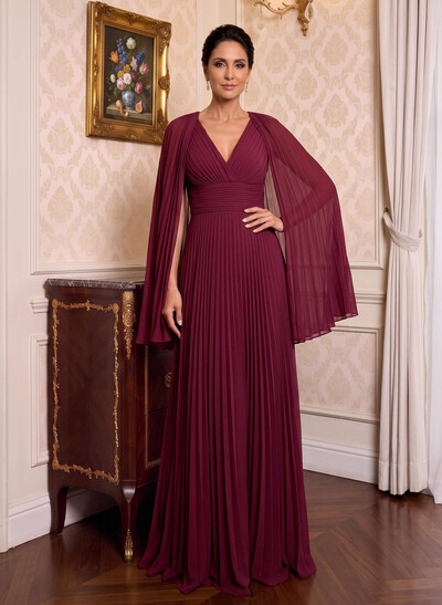 A-Line V-Neck Cape Sleeves Floor-Length Chiffon Mother Of The Bride Dresses With Pleated