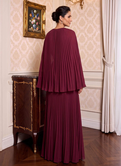 A-Line V-Neck Cape Sleeves Floor-Length Chiffon Mother Of The Bride Dresses With Pleated