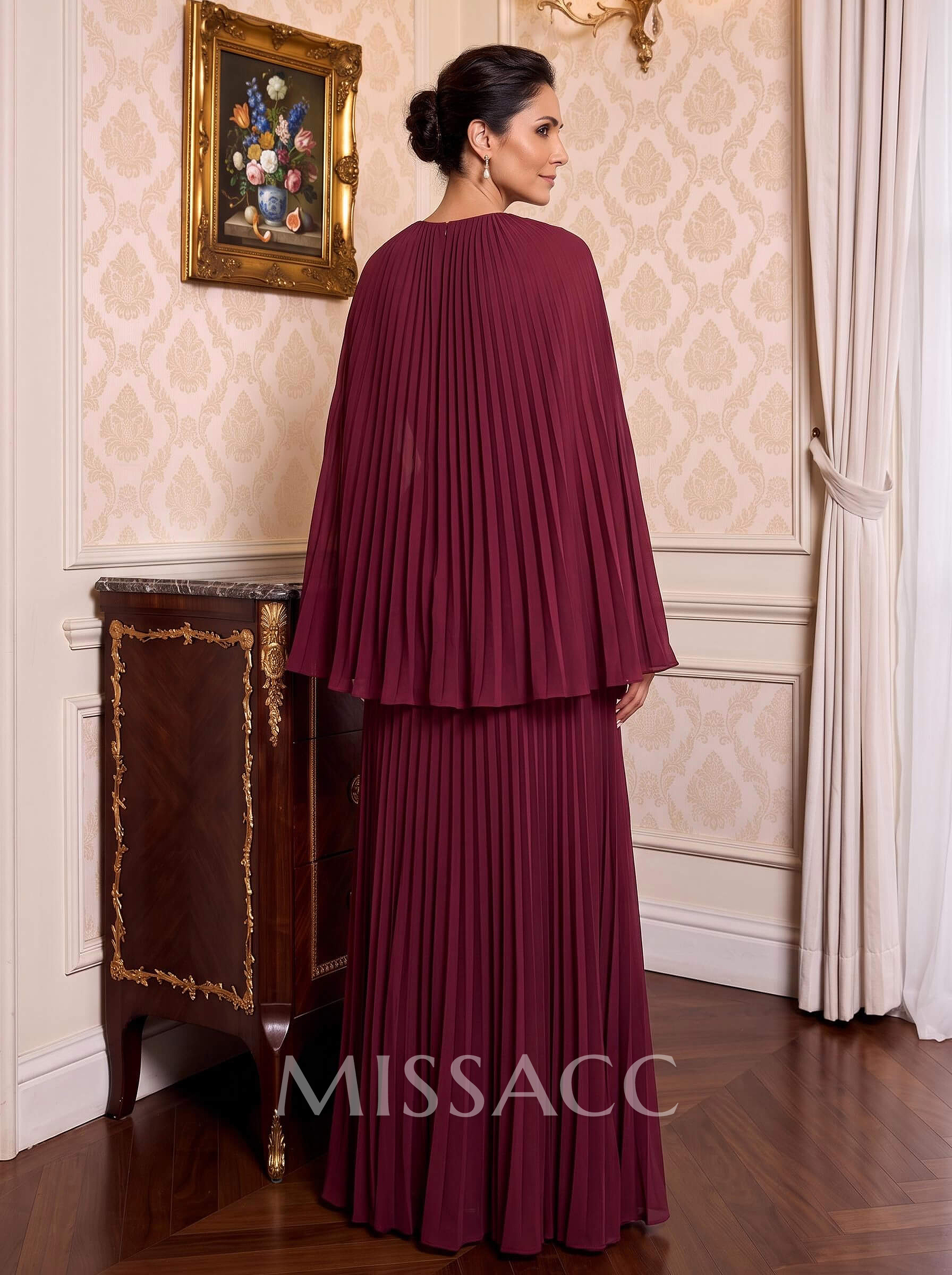 A-Line V-Neck Cape Sleeves Floor-Length Chiffon Mother Of The Bride Dresses With Pleated