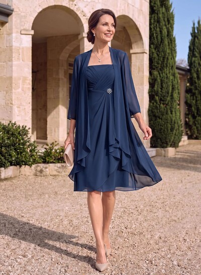 A-Line Square Neckline 3/4 Sleeves Knee-Length Chiffon Mother Of The Bride Dresses With Ruffle