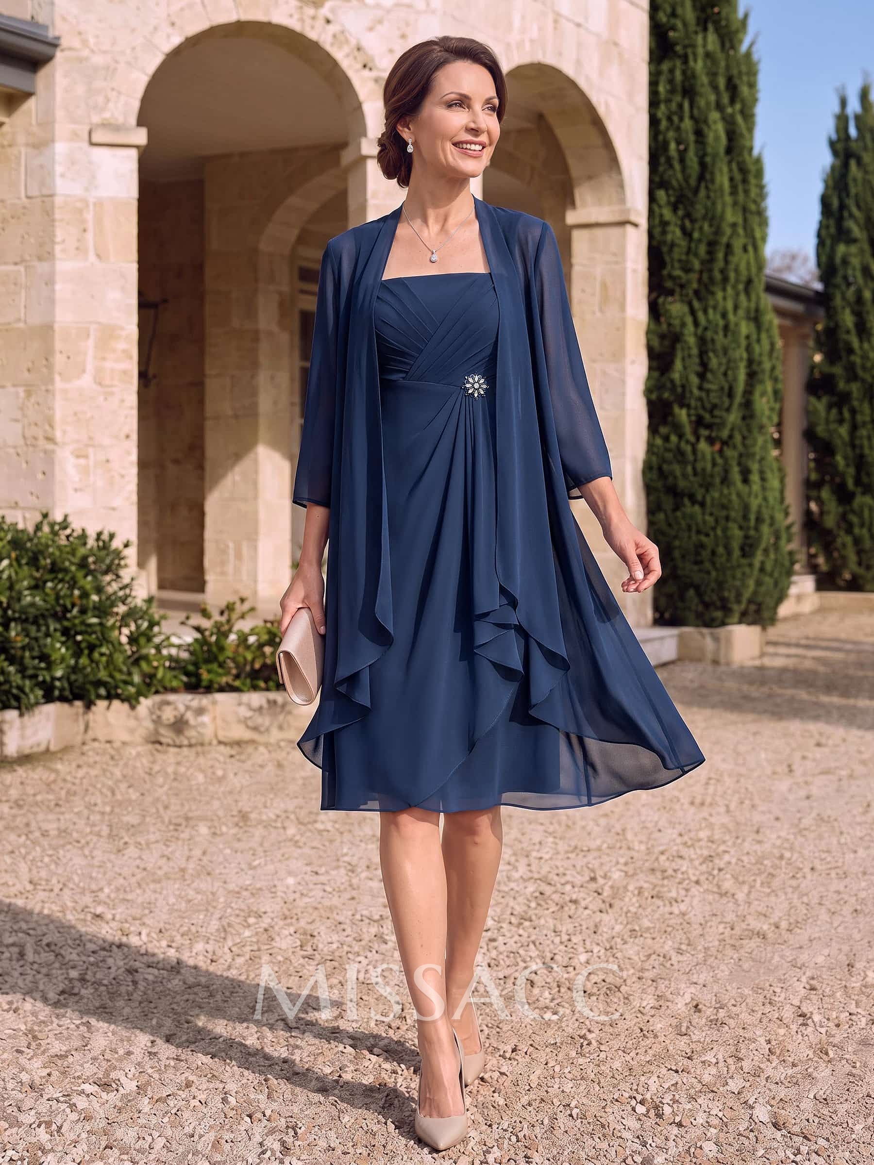 A-Line Square Neckline 3/4 Sleeves Knee-Length Chiffon Mother Of The Bride Dresses With Ruffle