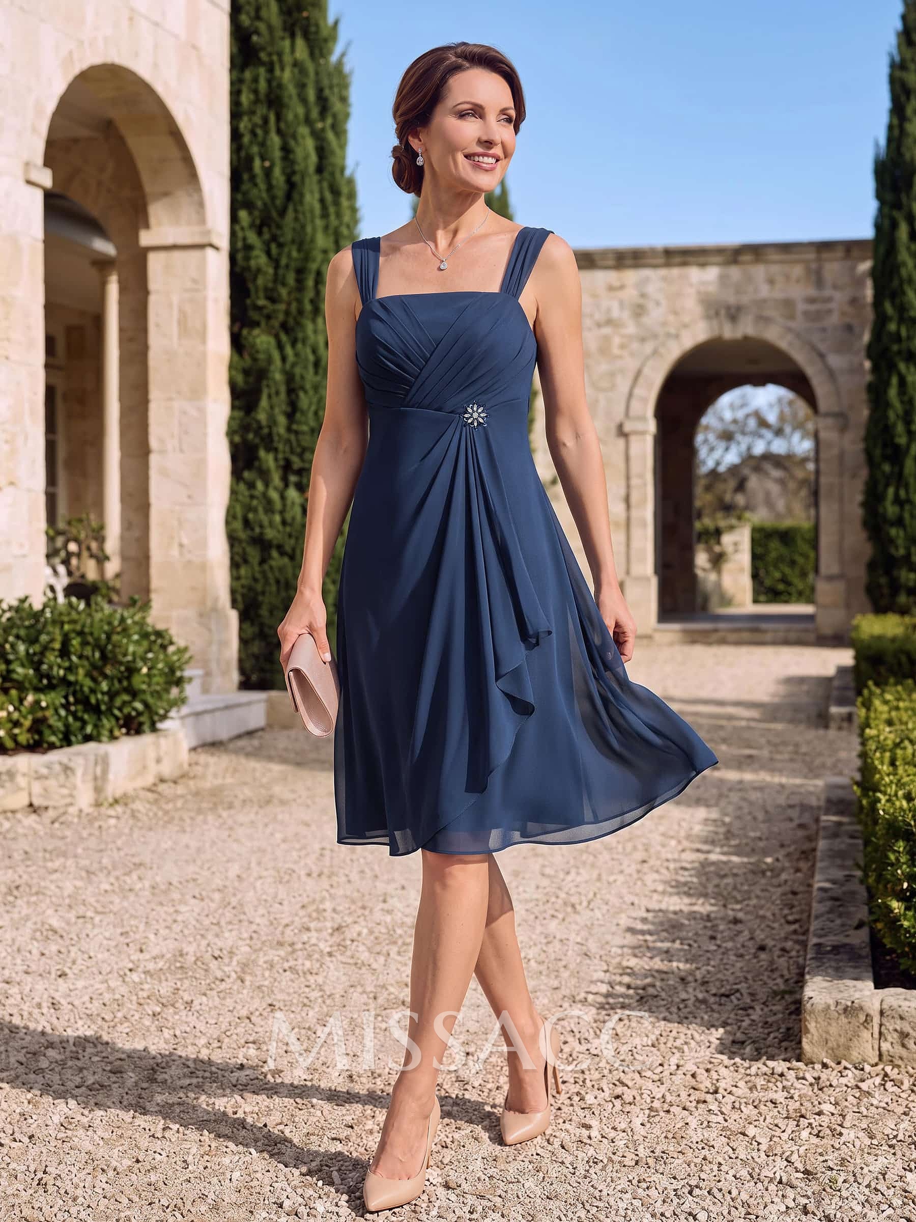 A-Line Square Neckline 3/4 Sleeves Knee-Length Chiffon Mother Of The Bride Dresses With Ruffle