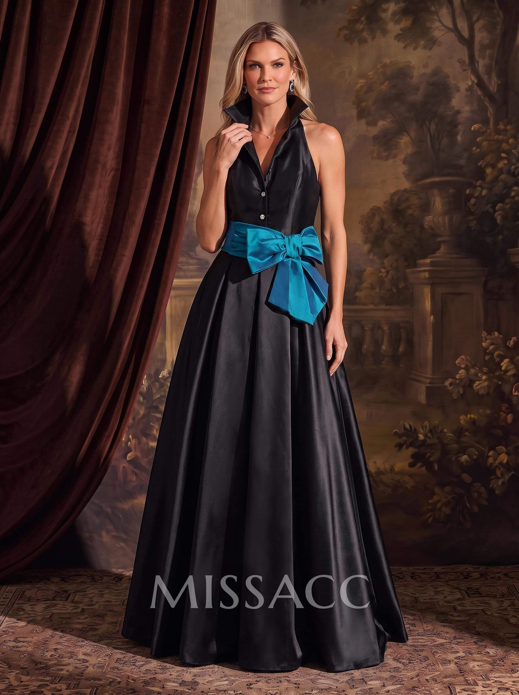 A-Line V-Neck Sleeveless Floor-Length Satin Mother Of The Bride Dresses With Bow