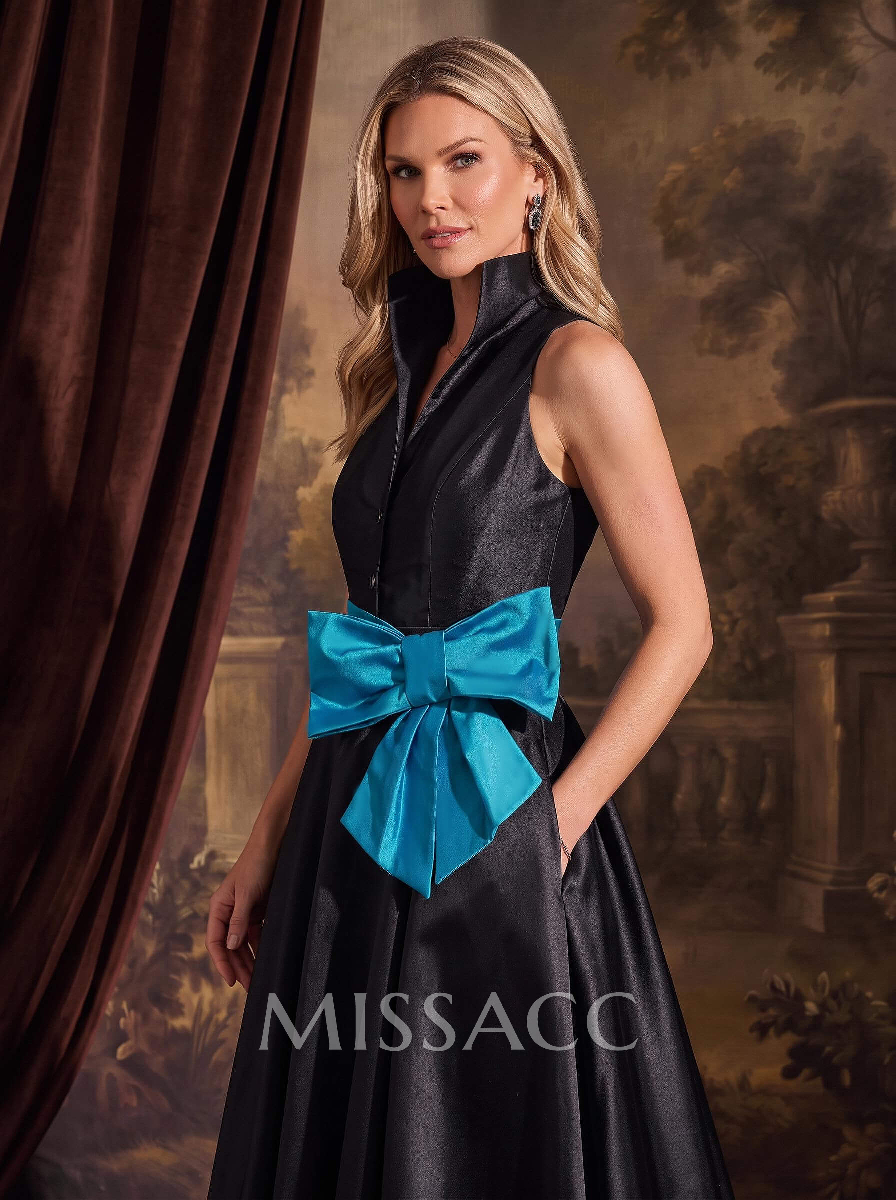 A-Line V-Neck Sleeveless Floor-Length Satin Mother Of The Bride Dresses With Bow
