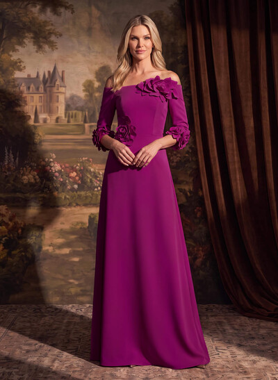 A-Line Off-The-Shoulder 1/2 Sleeves Floor-Length Elastic Satin Mother Of The Bride Dresses With Flower