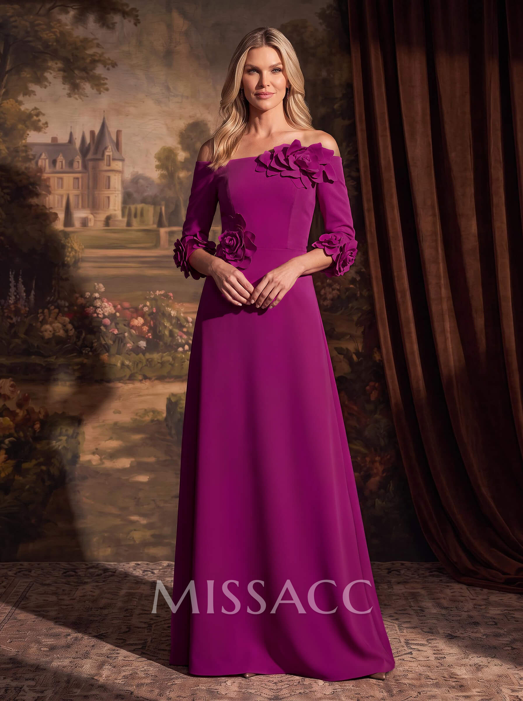 A-Line Off-The-Shoulder 1/2 Sleeves Floor-Length Elastic Satin Mother Of The Bride Dresses With Flower