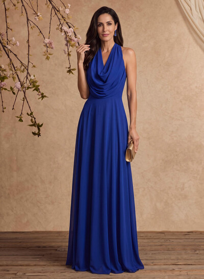 A-Line Cowl Neck Sleeveless Floor-Length Stretch Satin Mother Of The Bride Dresses With Back Hole