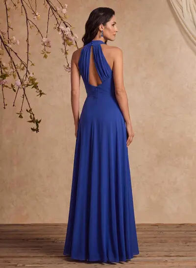 A-Line Cowl Neck Sleeveless Floor-Length Stretch Satin Mother Of The Bride Dresses With Cut-Out Back
