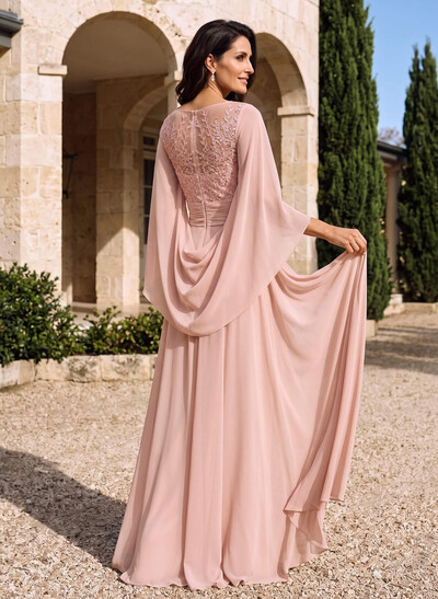 Jumpsuit/Pantsuit Illusion Neck Cape Sleeves Floor-Length Chiffon Mother Of The Bride Dresses With Appliques Lace/Overskirt Dress