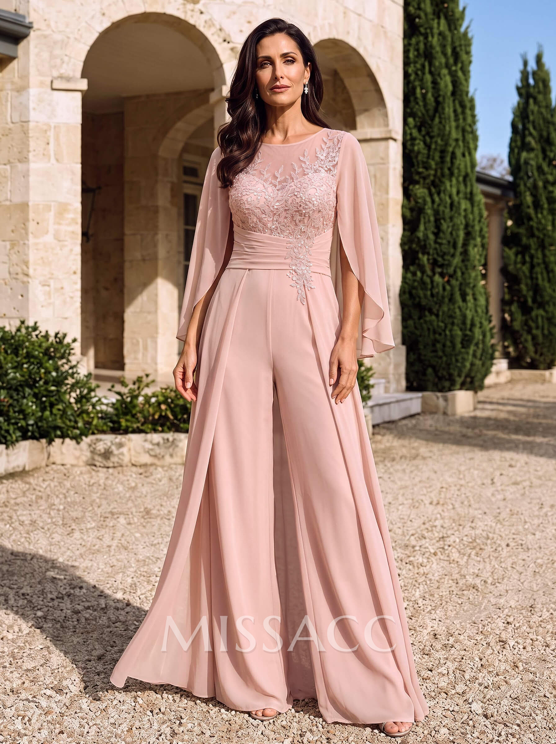 Jumpsuit/Pantsuit Illusion Neck Cape Sleeves Floor-Length Chiffon Mother Of The Bride Dresses With Appliques Lace/Overskirt Dress