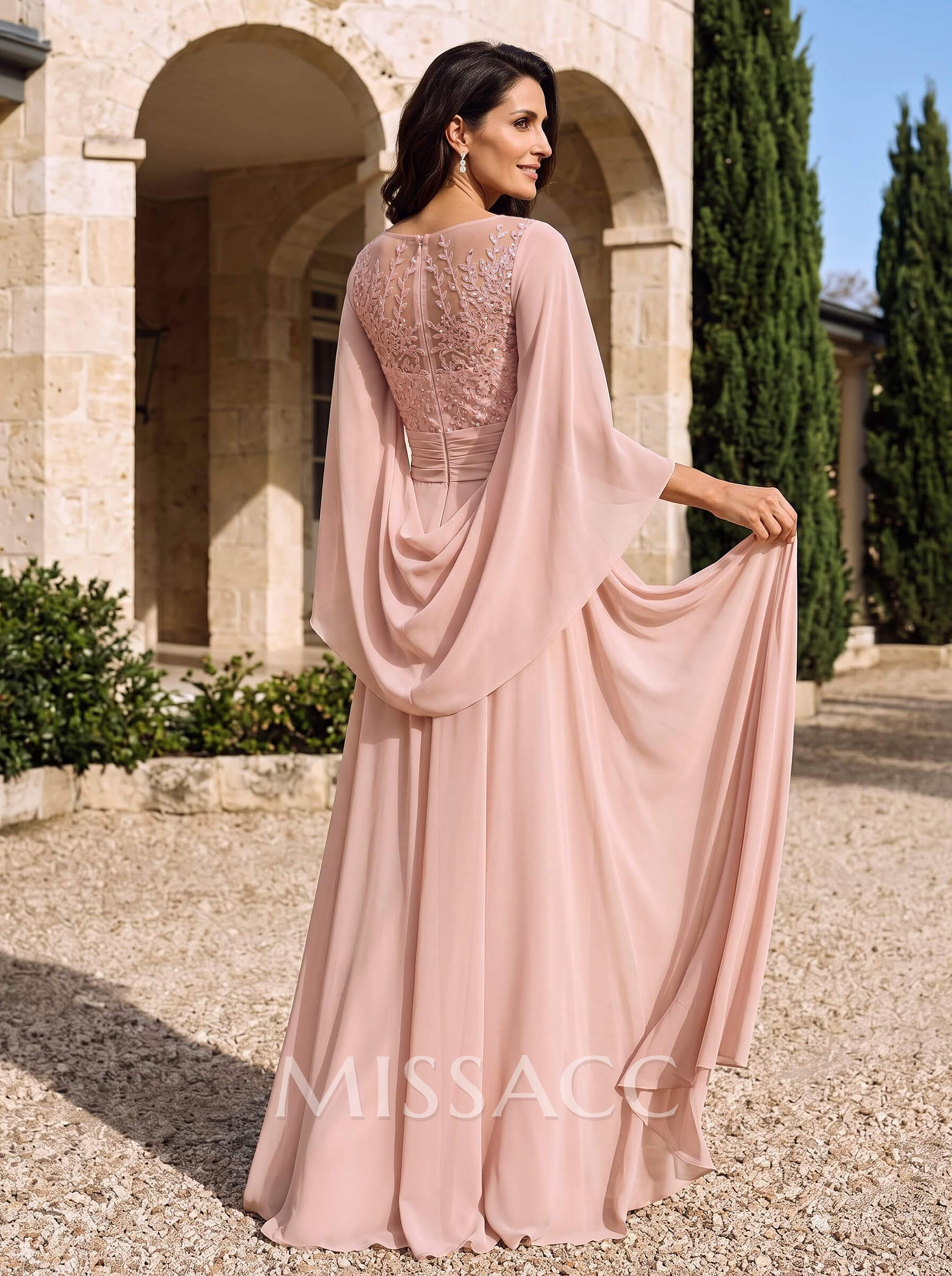 Jumpsuit/Pantsuit Illusion Neck Cape Sleeves Floor-Length Chiffon Mother Of The Bride Dresses With Appliques Lace/Overskirt Dress
