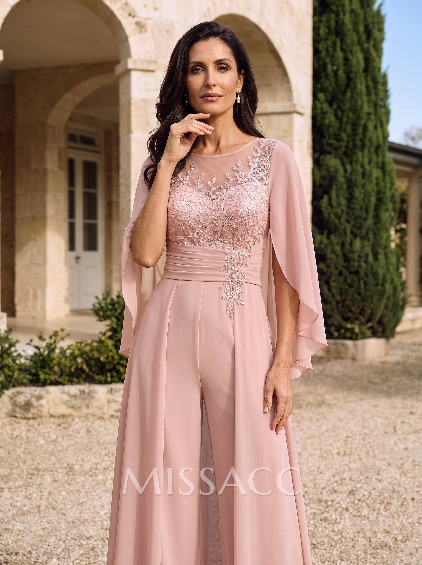 Jumpsuit/Pantsuit Illusion Neck Cape Sleeves Floor-Length Chiffon Mother Of The Bride Dresses With Appliques Lace/Overskirt Dress