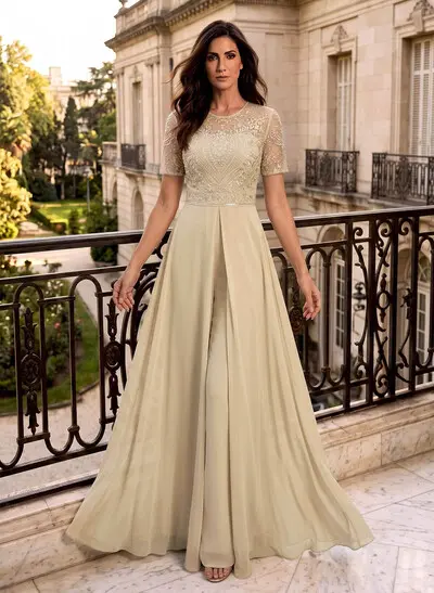 Jumpsuit / Pantsuit Scoop Neck Short Sleeve Floor-Length Chiffon Mother Of The Bride Dresses With Overskirt Dress/Lace