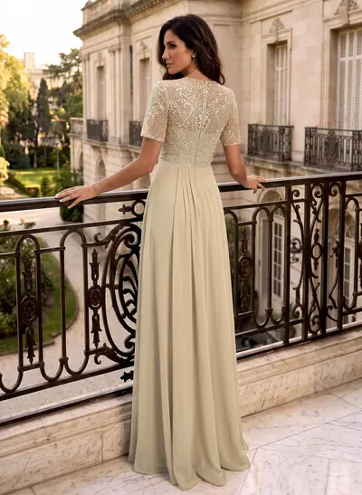 Jumpsuit / Pantsuit Scoop Neck Short Sleeve Floor-Length Chiffon Mother Of The Bride Dresses With Overskirt Dress/Lace