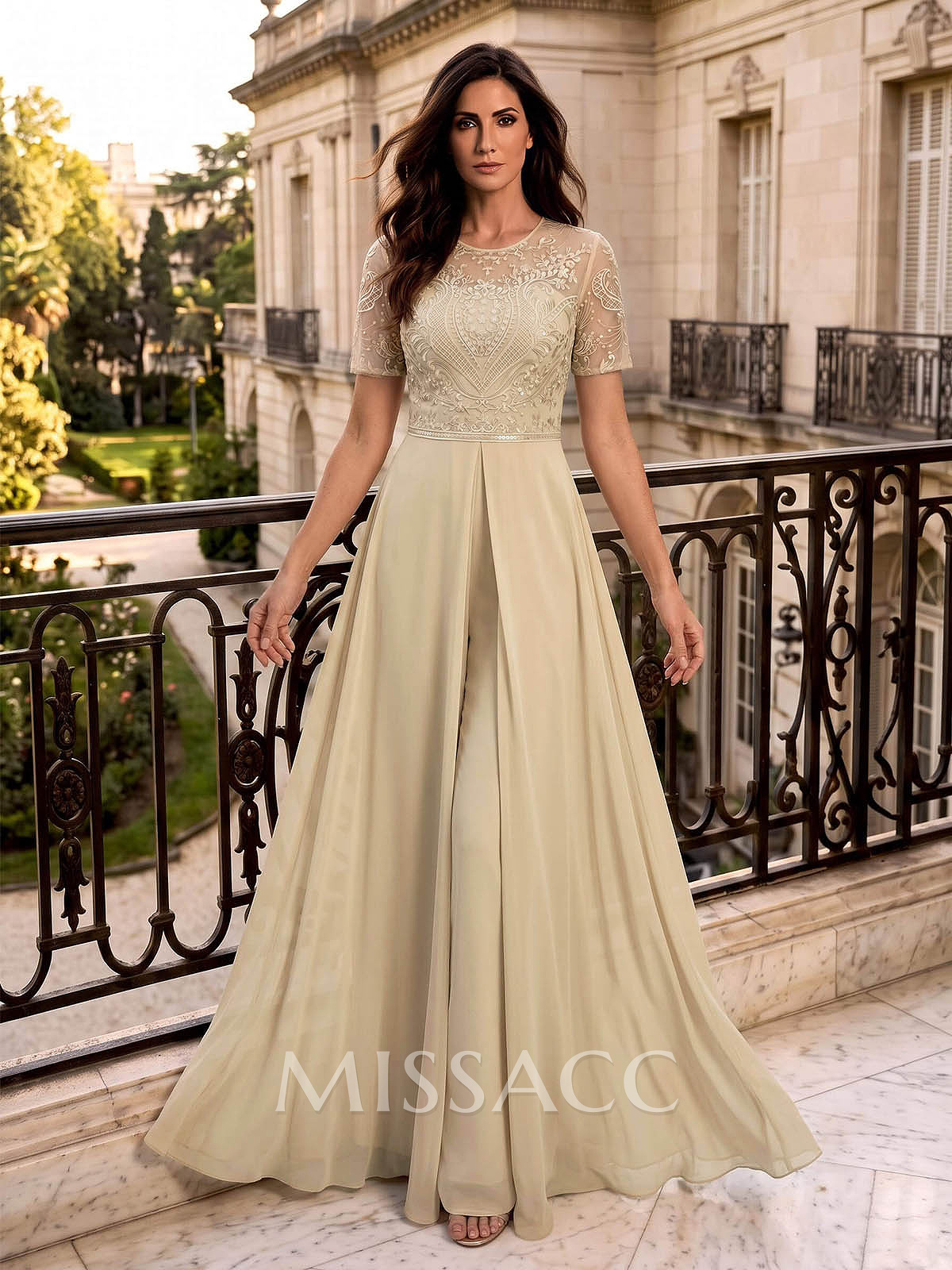 Jumpsuit/Pantsuit Scoop Neck Short Sleeves Floor-Length Chiffon Mother Of The Bride Dresses With Lace/Overskirt Dress