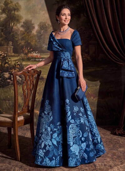 A-Line Square Neckline Short Sleeves Floor-Length Satin Mother Of The Bride Dresses With Floral-Print
