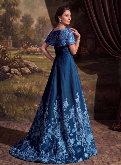 A-Line Square Neckline Short Sleeves Floor-Length Satin Mother Of The Bride Dresses With Floral-Print