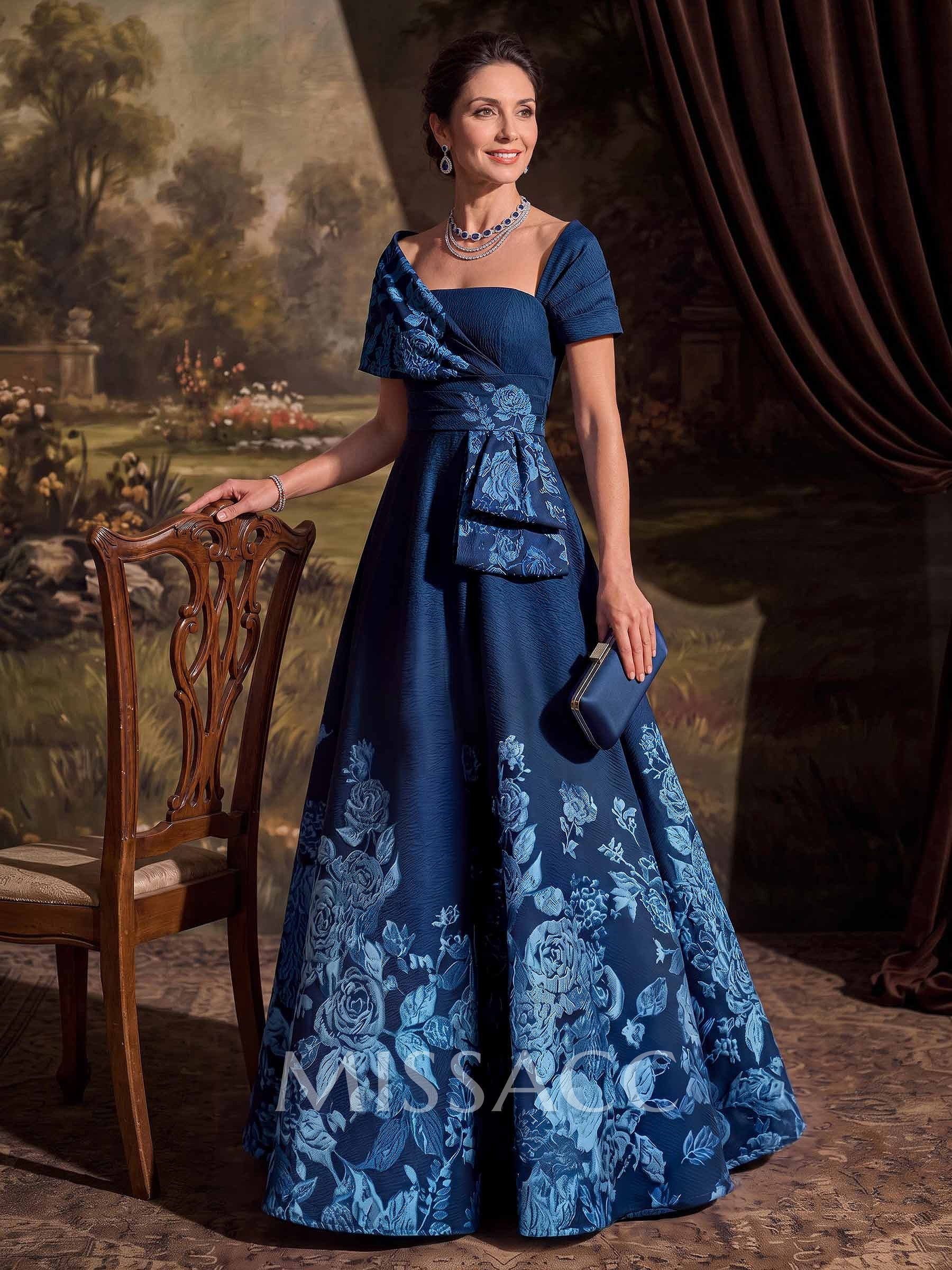 A-Line Square Neckline Short Sleeves Floor-Length Satin Mother Of The Bride Dresses With Floral-Print