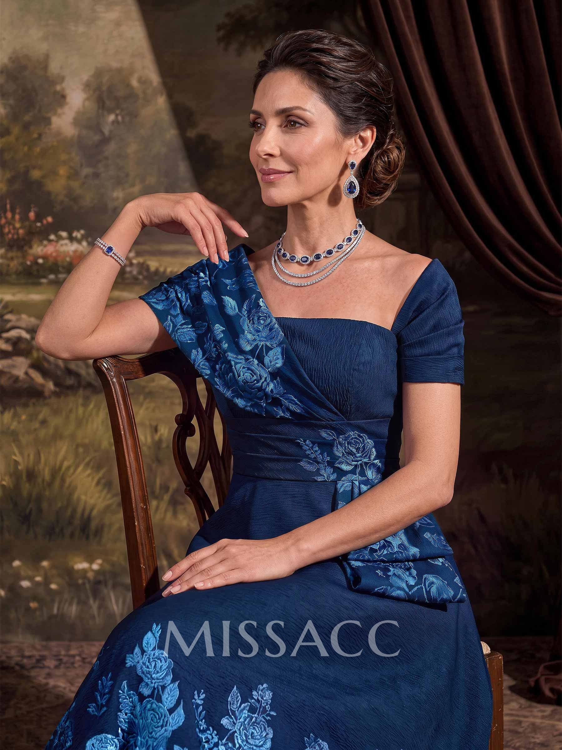 A-Line Square Neckline Short Sleeves Floor-Length Satin Mother Of The Bride Dresses With Floral-Print