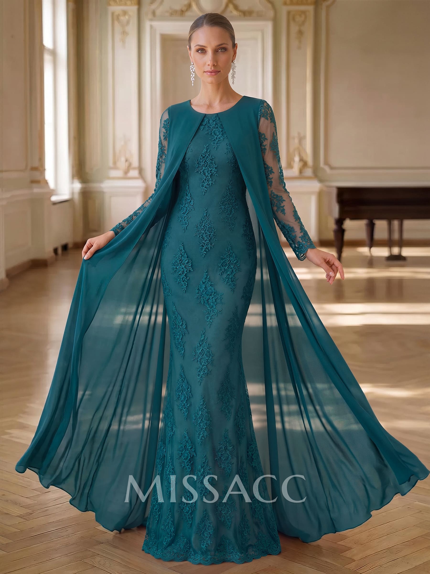 Trumpet/Mermaid Scoop Neck Long Sleeves Floor-Length Chiffon/Lace Mother Of The Bride Dresses With Appliques Lace