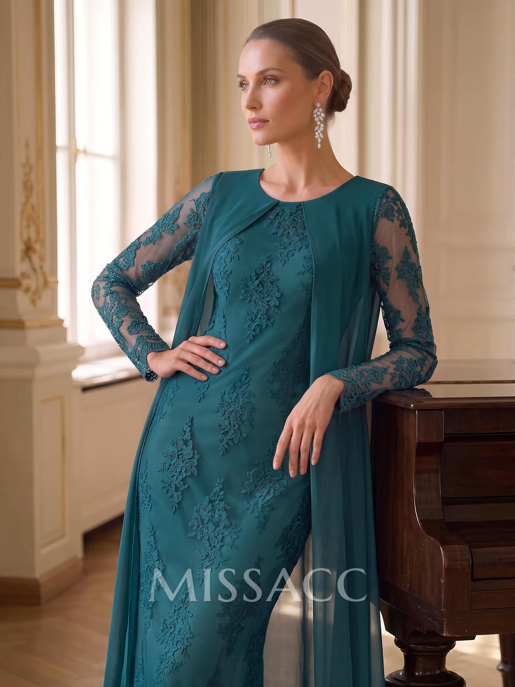 Trumpet/Mermaid Scoop Neck Long Sleeves Floor-Length Chiffon/Lace Mother Of The Bride Dresses With Appliques Lace