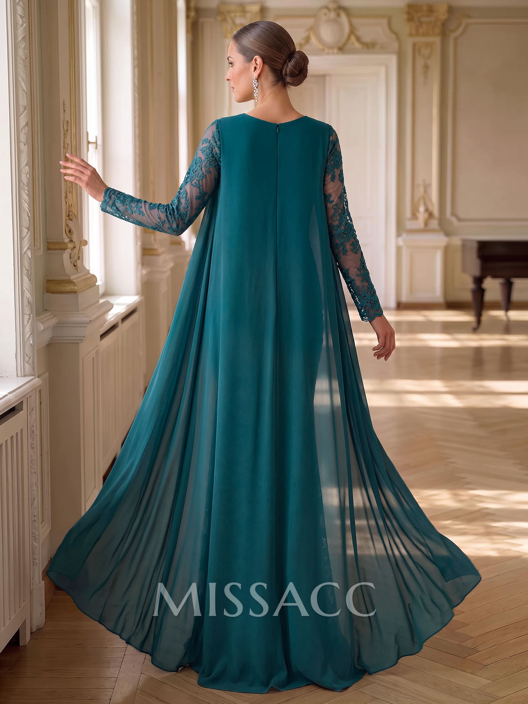Trumpet/Mermaid Scoop Neck Long Sleeves Floor-Length Chiffon/Lace Mother Of The Bride Dresses With Appliques Lace