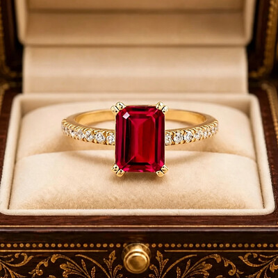 8*10MM Emerald Cut Sona Simulated Diamonds Engagement Rings In Sterling Silver