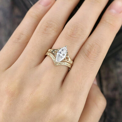 7*14MM Marquise Cut Moissanite Engagement Rings Sets In Sterling Silver