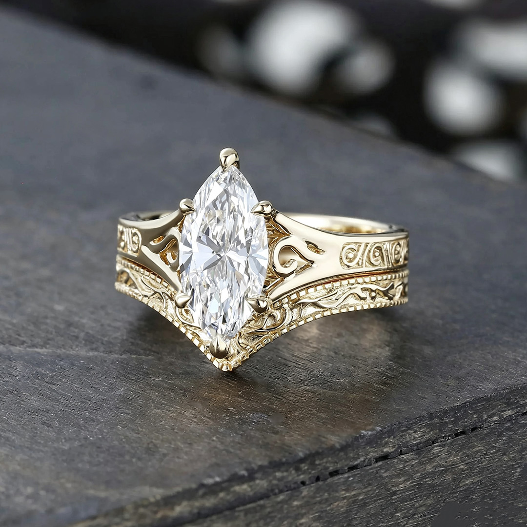 7*14MM Marquise Cut Moissanite Engagement Rings Sets In Sterling Silver