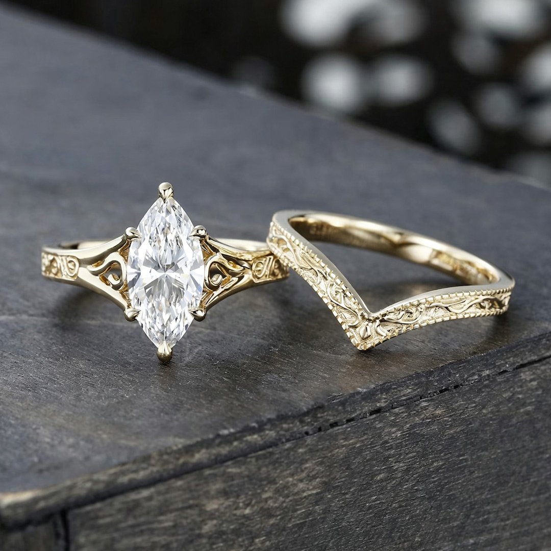 7*14MM Marquise Cut Moissanite Engagement Rings Sets In Sterling Silver