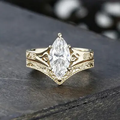 7*14MM Marquise Cut Moissanite Engagement Rings Sets In Sterling Silver