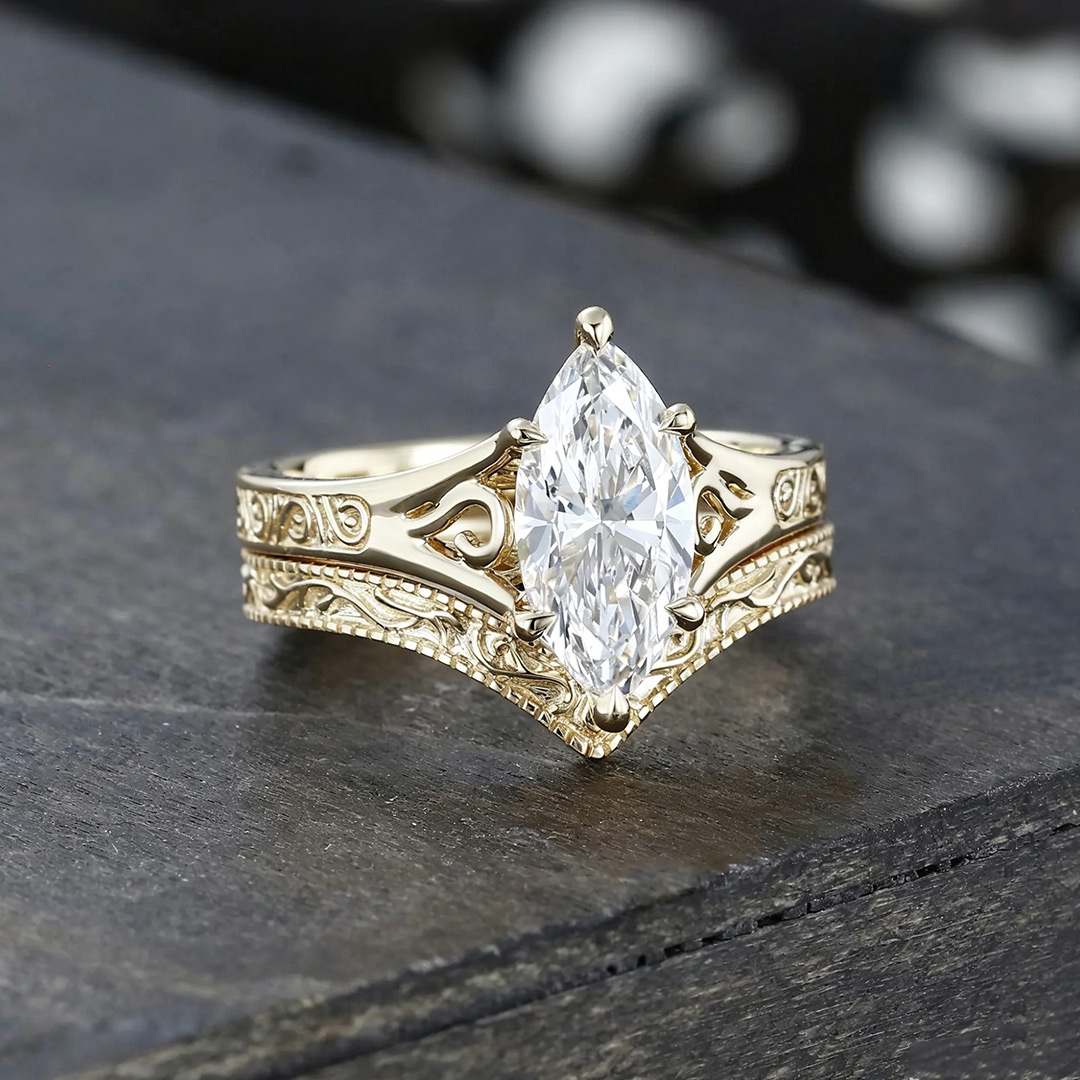 7*14MM Marquise Cut Moissanite Engagement Rings Sets In Sterling Silver