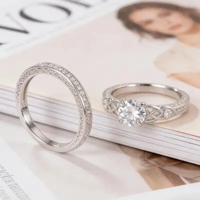 6.5*6.5MM Round Cut Moissanite Engagement Rings Sets In Sterling Silver