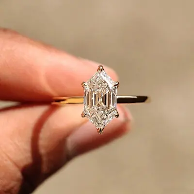 6*12MM Hexagon Cut Moissanite Engagement Rings In Sterling Silver