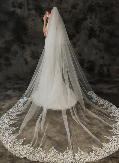 Lace Applique Edge Two-Tier Tulle Cathedral Bridal Veils