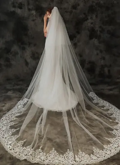 Two-Tier Tulle Cathedral Wedding Veil with Lace Appliqué Edge