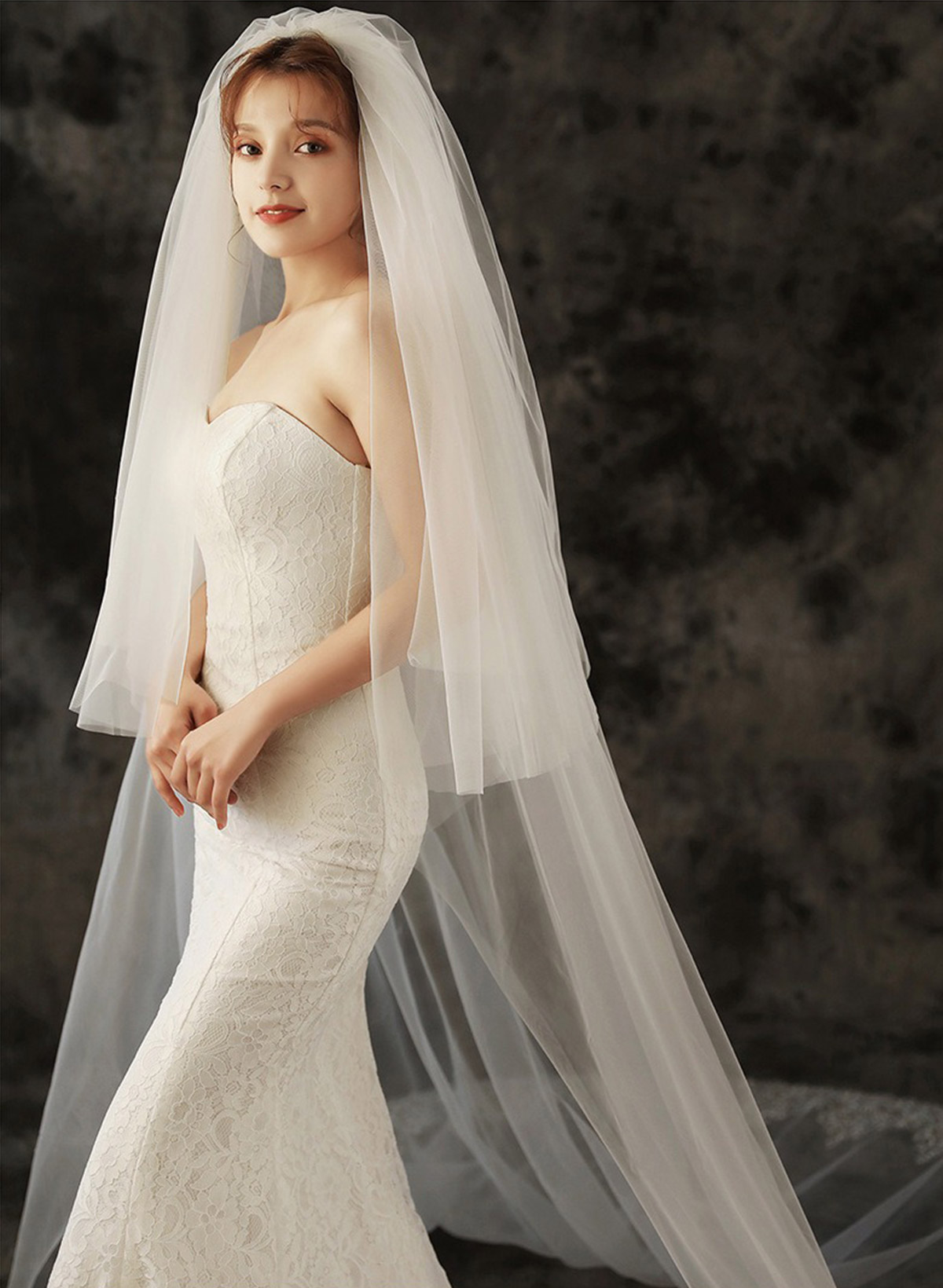 Lace Applique Edge Two-Tier Tulle Cathedral Bridal Veils