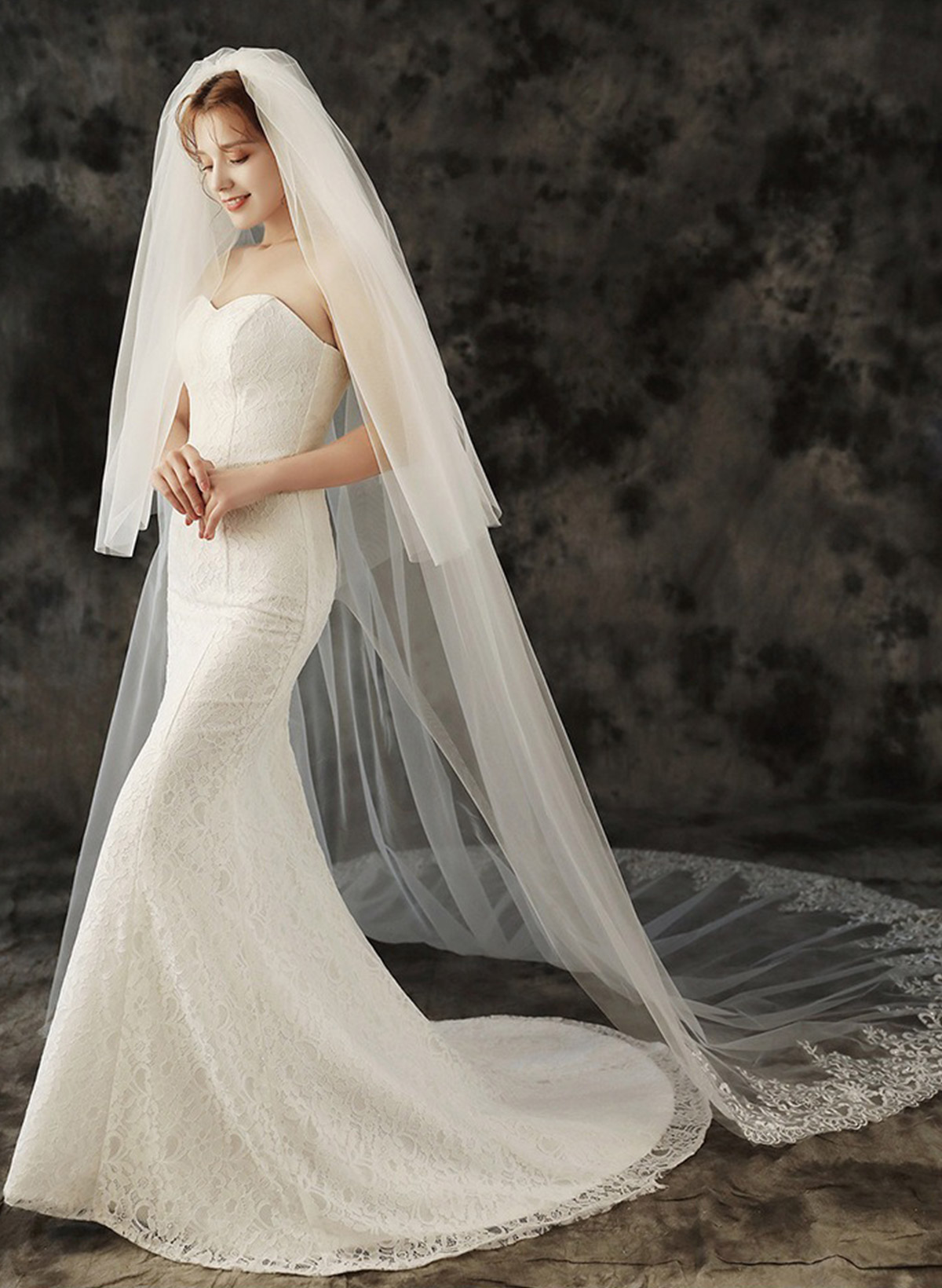 Lace Applique Edge Two-Tier Tulle Cathedral Bridal Veils