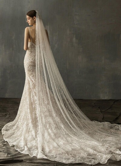 Pencil Edge Faux Pearl One-Tier Tulle Cathedral Bridal Veils